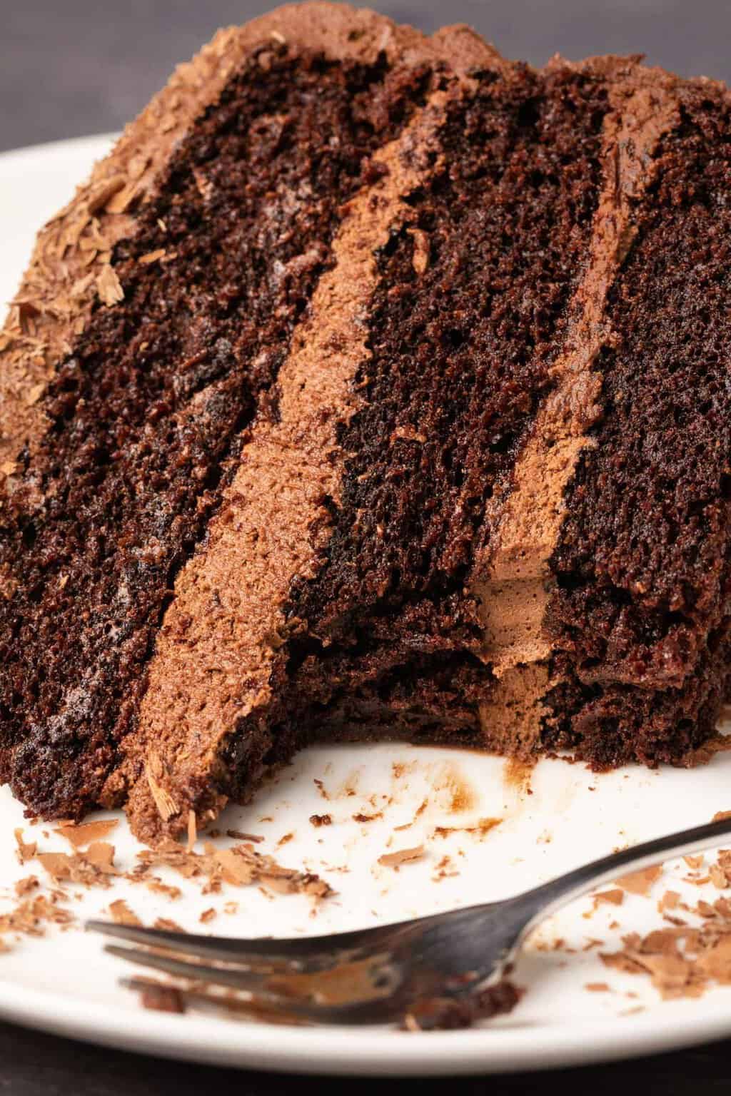 Slice of dairy free chocolate cake on a white plate with a fork. 