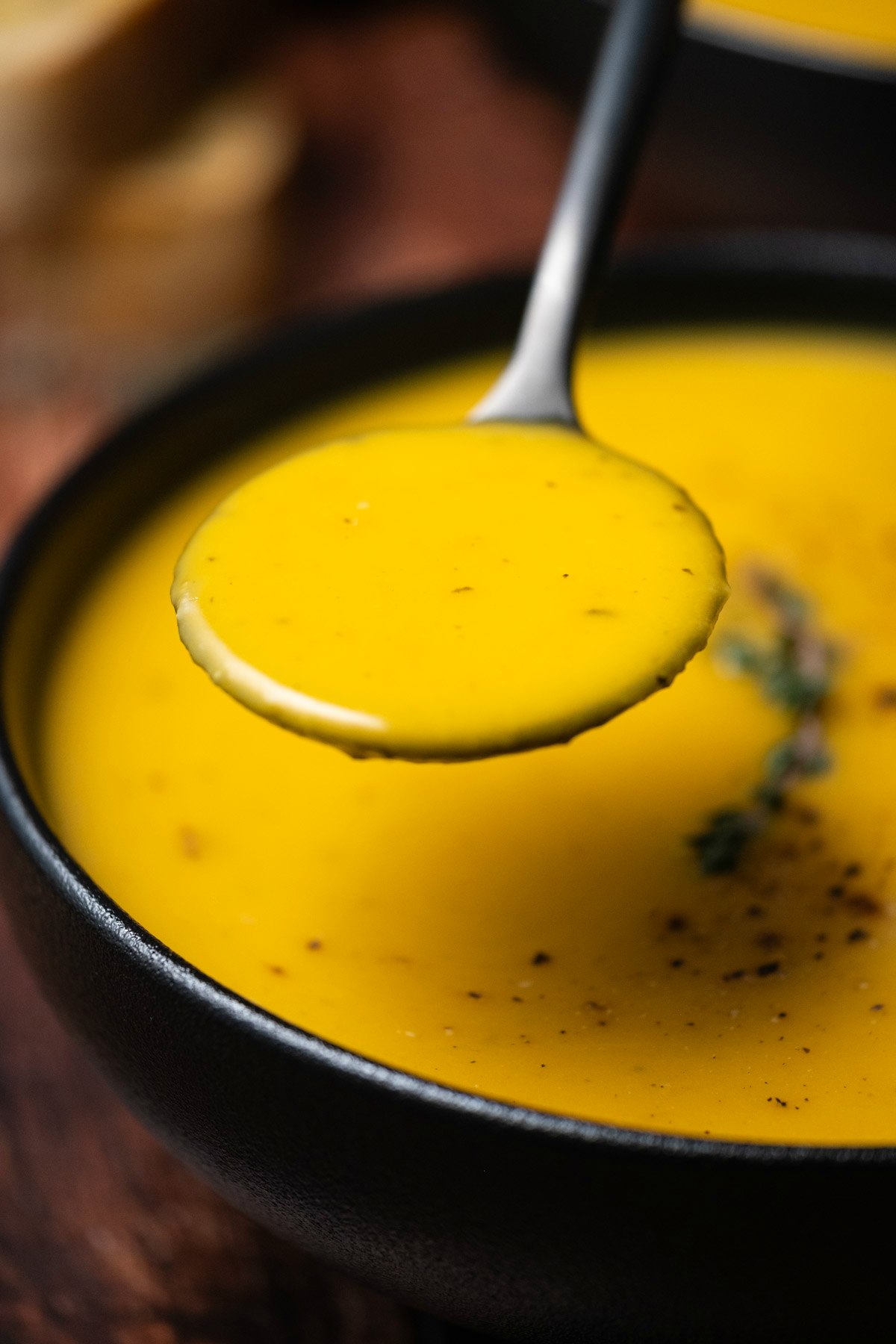 Spoonful of roastd butternut squash soup.