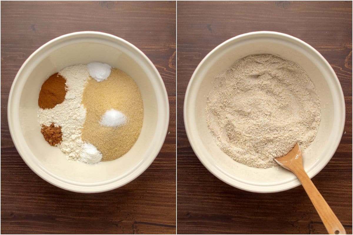 Collage of two photos showing dry ingredients added to mixing bowl and mixed.