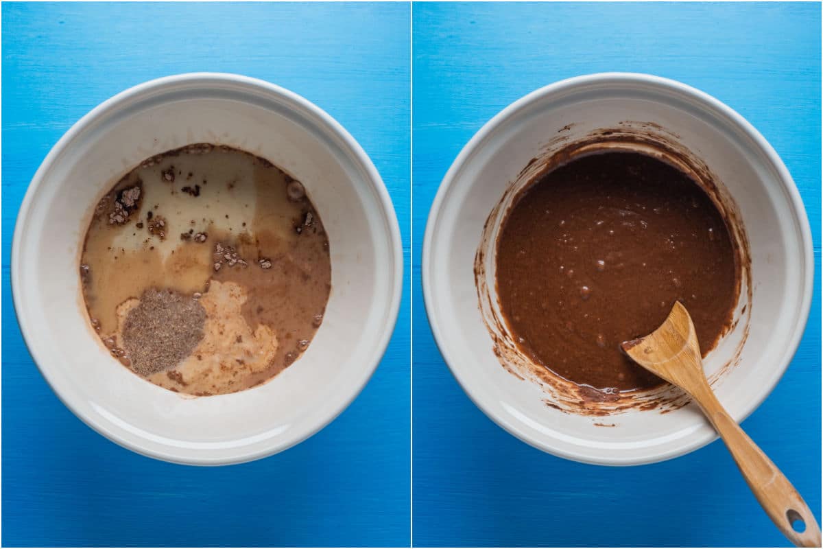 Wet ingredients added to mixing bowl and mixed.