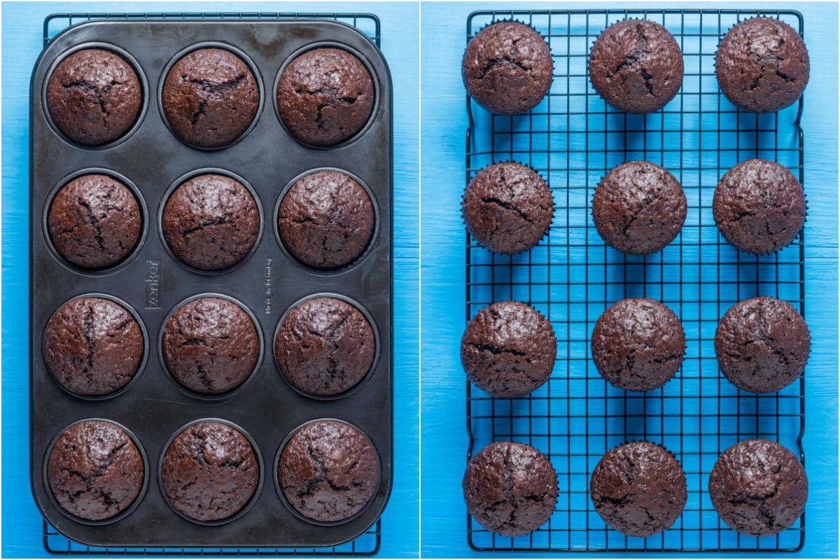 Baked cupcakes in a cupcake tray and then on a wire cooling rack.