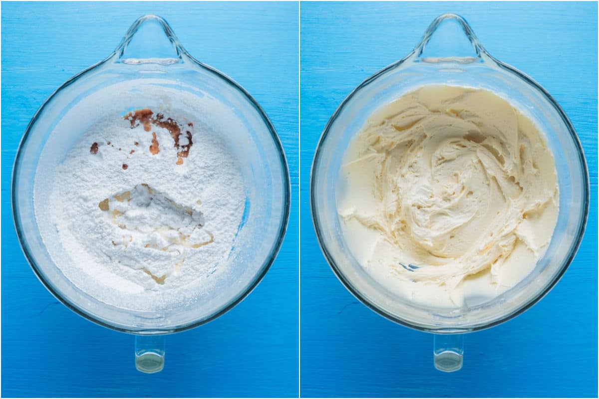 Frosting ingredients added to bowl of stand mixer and beaten until smooth.